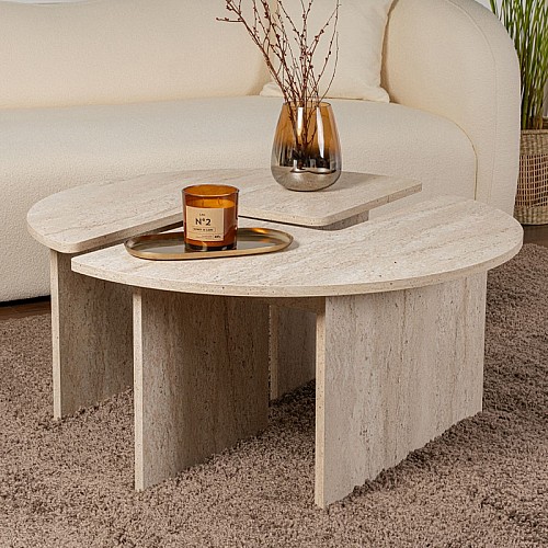 Τραπεζάκι σαλονιού σετ 2 τμχ Moira Megapap χρώμα travertine Ø90x41εκ. Τραπεζάκι σαλονιού σετ 2 τμχ Moira Megapap χρώμα travertine Ø90x41εκ.