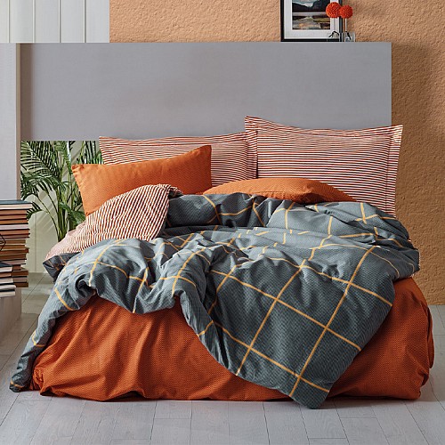 Σετ παπλωματοθήκη Stark Cotton Box 4 τμχ Διπλή (200x220) χρώμα cinnamon - μπλε
