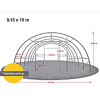 9,15m x 10m x 4,5m - Τοξοτή αποθήκη απο μουσαμά διαστάσεων 9,15m x 10m x 4,5m με μουσαμά βάρους  2300γρ και φεγγίτες